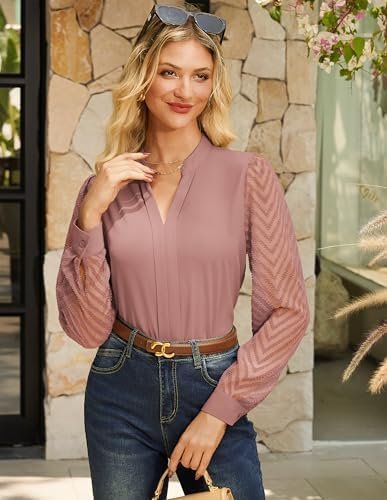 41vBq6w5HVL._AC_.jpg GRACE KARIN Women Business Casual Tops Sheer Lace Long Sleeve Blouses Work Office Pleated V Neck Shirt Fall Formal Outfits