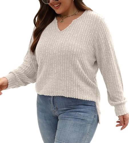 41vDUPhPhlL._AC_.jpg Gloria&Sarah Women's Casual Long Sleeve V Neck Lightweight Knitted Sweaters Loose Fit Plus Size Tunic Tops L-4XL