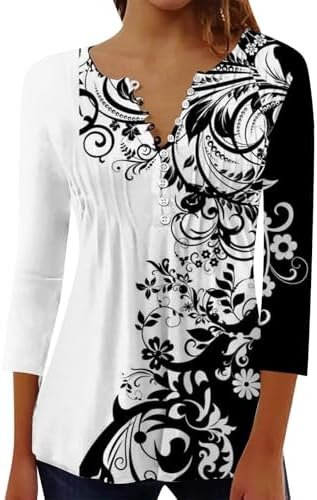 SHAOBGE Fall 3/4 Sleeve Tops for Women 2024 Floral Print Casual Shirts V Neck Button Oversized Comfy Lightweight Y2k Blouses