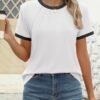 ZESICA Women's Casual Short Sleeve Pleated Shirts 2025 Summer Dressy Crewneck Color Block Tops