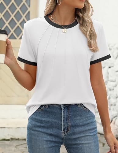 ZESICA Women's Casual Short Sleeve Pleated Shirts 2025 Summer Dressy Crewneck Color Block Tops