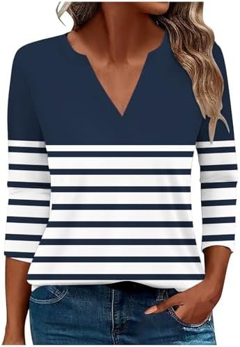 3/4 Length Sleeve Womens Tops Henley Shirts for Women V Neck Summer Trendy Work Clothes Ladies Fashion Outfits S-3XL