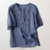 41x0Q9zMJBL._AC_.jpg Women's Cotton Linen Button Short Sleeve Shirts Summer Loose Crew Neck Casual Boho Top Vintage Embroidered Blouse Tops