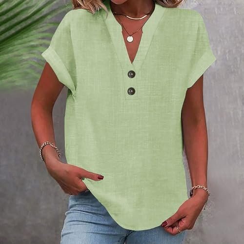 Linen Shirt for Women Summer Button Down Short Sleeve V Neck Tops Solid Color Comfy Blouses Casual Dressy Tunic Top