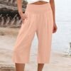 Generic Capri Pants for Women High Waisted Wide Leg Linen Capris Summer Loose Elastic Trousers with Pockets