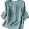 41yj-bh7nFL._AC_.jpg Linen Shirts for Women 2025 Trendy Summer Retro Embroidered O Neck 3/4 Sleeve Tops Casual Loose Boho Cute Blouses