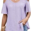41zLp7392XL._AC_.jpg Eyelet Tops for Women Short Sleeve T Shirts Summer Spring Fashion 2025 Trendy Clothes Cold Shoulder Blouses