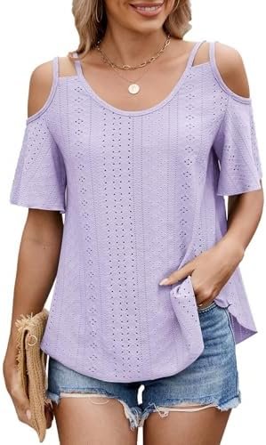 41zLp7392XL._AC_.jpg Eyelet Tops for Women Short Sleeve T Shirts Summer Spring Fashion 2025 Trendy Clothes Cold Shoulder Blouses