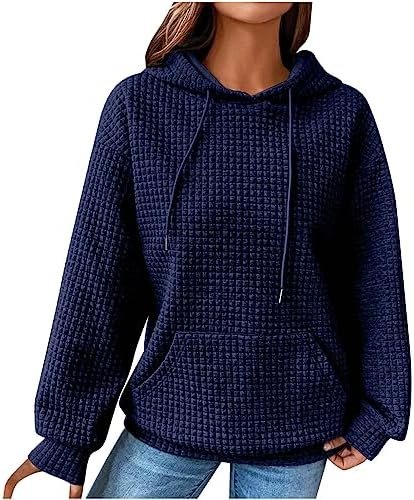 LRMQS Hoodies for Women Trendy Fall Fashion 2024 Waffle Knit Drawstring Pullover Sweatshirts Loose Fit Casual Cute Clothes