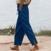 Linen Pants for Women 2025 Summer Elastic High Waist Split Hem Pants Casual Loose Fit Drawstring Trousers with Pocket