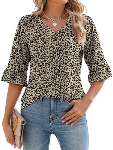 51FinO28TL._AC_.jpg LOMON 3/4 Length Sleeve Womens Tops Summer Loose V-Neck Eyelet T-Shirts Dressy Casual Ruffle Sleeve Tunic Blouses