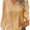 Long Sleeve Shirts for Women 2024 V Neck Lace Tops Business Casual Dressy Blouses Work Oversized Shirts Fall Clothes