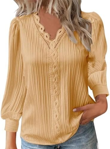 Long Sleeve Shirts for Women 2024 V Neck Lace Tops Business Casual Dressy Blouses Work Oversized Shirts Fall Clothes