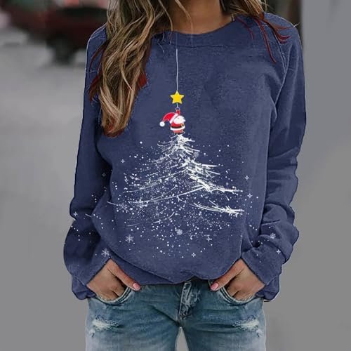 Womens Christmas Tree Graphic Sweatshirts Plus Size Crewneck Long Sleeve Pullover Casual Cute Funny Xmas Holiday Tops