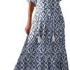 LFEOOST Womens 3/4 Sleeve Maxi Dresses Summer Fashion Floral Print Casual V Neck Drawstring Ruffles Beach Flowy Long Dress