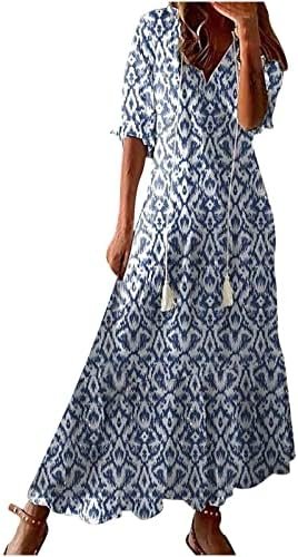 LFEOOST Womens 3/4 Sleeve Maxi Dresses Summer Fashion Floral Print Casual V Neck Drawstring Ruffles Beach Flowy Long Dress