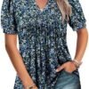 ROSELINLIN Womens Short Sleeve Shirts Loose Summer Floral Tunic Tops