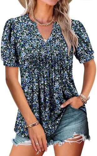 ROSELINLIN Womens Short Sleeve Shirts Loose Summer Floral Tunic Tops