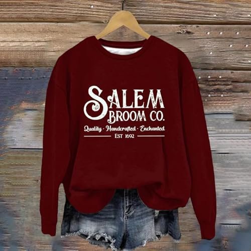 Generic Halloween Sweatshirts for Women 1692 Salem Broom Co Graphic Pullover Crewneck Long Sleeve Shirts 2024 Fall Outfits