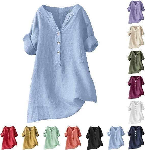 513SH95KgGL._AC_.jpg Linen Shirt for Women Breathable Tops Loose Crewneck Tops Womens Daily t Shirts Summer Shirts for Women 2024