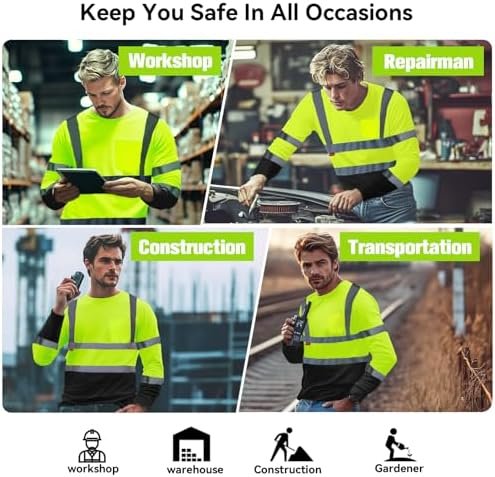 ProtectX Men's High Visibility Heavy Duty Long Sleeve Reflective Safety T-Shirts for Construction, Class 2-3 Type R