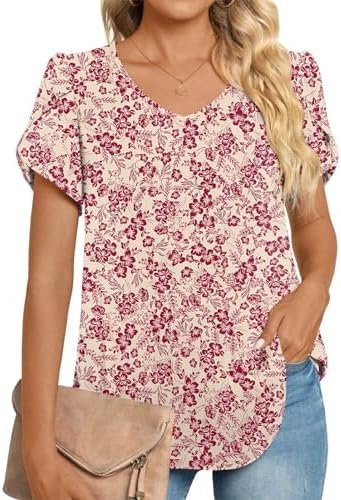 5148v4rU26L._AC_.jpg HOTGIFT Womens Tunic Tops 2025 Summer Short Sleeve V Neck Chiffon T Shirt M-3XL