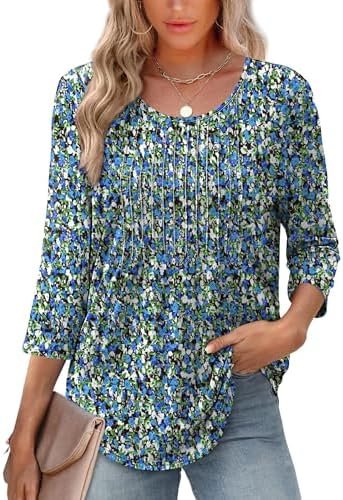 XIEERDUO 3/4 Length Sleeve Tops for Women 2025 Crewneck Casual Pleated Tunic Tops Loose Fit Shirts Blouses