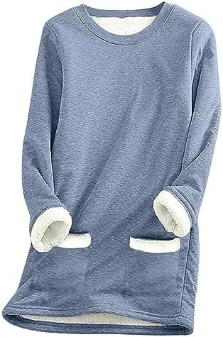 Ceboyel Womens Fleece Pullover Sweatshirt No Hood Shirts Sweater Sherpa Lined Tunic Sweatshirts Warm Winter Loungewear 2023