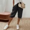 Linen Shorts for Women Summer Knee Length Elastic Waist Capri Pants Casual Gym Drawstring Bermuda Shorts with Pockets