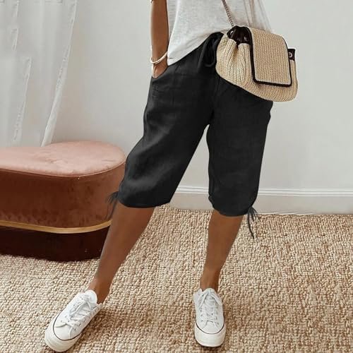 Linen Shorts for Women Summer Knee Length Elastic Waist Capri Pants Casual Gym Drawstring Bermuda Shorts with Pockets