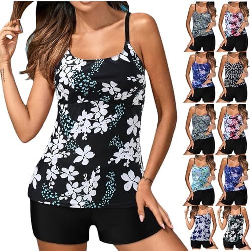 Women's Tankini Swimsuits Floral Print Two Piece Swimsuit Full Coverage Tank Top Tummy Control Bathing Suits