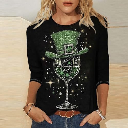 516S6OgDsgL._AC_.jpg St Patty's Day Shirt Women 2025 Casual Plus Size 3/4 Sleeve Irish Clover Shirts Funny Saint Patrick's Tunic Tops