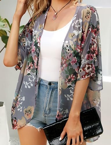 Women's Floral Print Puff Sleeve Kimono Cardigan Loose Cover Up Casual Blouse Tops
