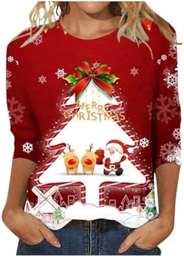 Christmas Shirts for Women Cute 3/4 Length Sleeve Tops Dressy Casual Crewneck Sweatshirts Ugly Xmas Sweater Blouses