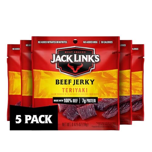 518olcT9fRL.jpg Jack Link's Beef Jerky, Teriyaki, Multipack Bags - Flavorful Meat Snacks for Lunches, Ready to Eat Protein Snacks, Individual Packs - 7g of Protein, Made with 100% Beef - 0.625 oz (Pack of 5)