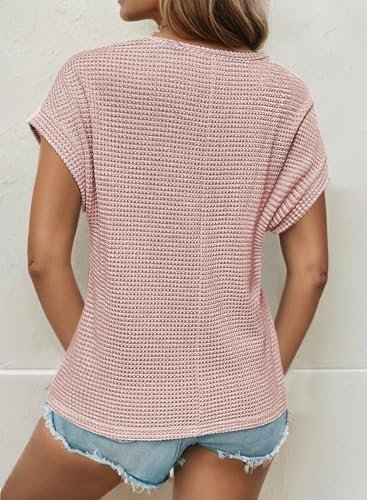 519Q2p00YML._AC_.jpg Dokotoo Women's Tops Casual Scoop Neck Short Sleeve Waffle Knit Hollow Out Shirts Loose Tunic Tops Blouses