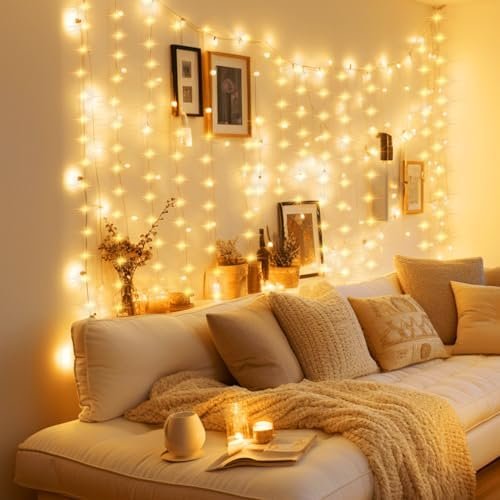 51A5GnoU9NL._AC_.jpg Minetom Curtain Lights, 300 LED Dimmable Fairy Lights with Remote and Timer, 8 Modes, USB Powered String Lights for Room Wall Party Xmas Indoor Decor, Warm White