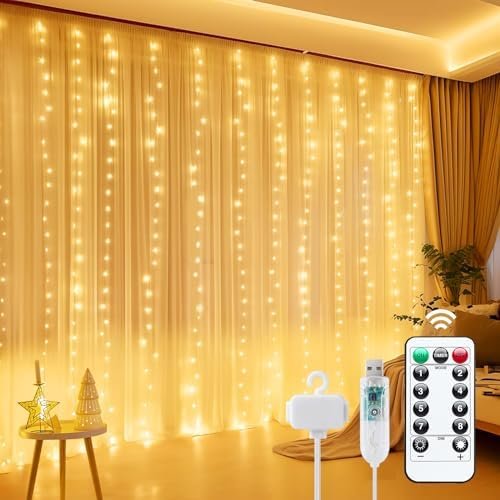 51AkGLG0yRL._AC_.jpg Minetom Curtain Lights, 300 LED Dimmable Fairy Lights with Remote and Timer, 8 Modes, USB Powered String Lights for Room Wall Party Xmas Indoor Decor, Warm White