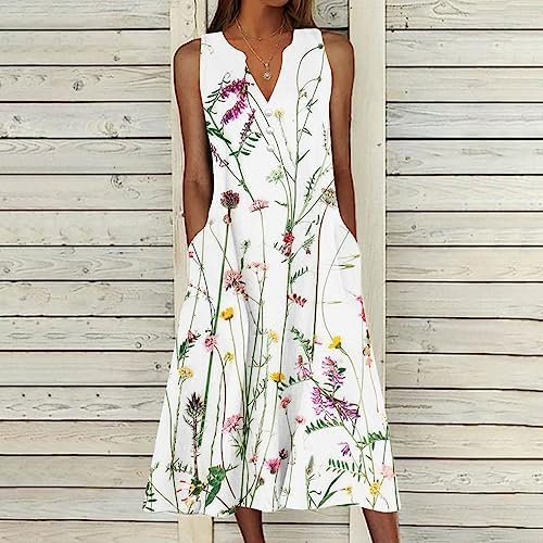 Women's Summer Design Casual Dress Sleeveless V-Neck Dress with Pockets Loose Flowy Swing Pleated Long Beach Dress