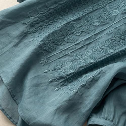 51BLX-27HYL._AC_.jpg Linen Shirts for Women 2025 Trendy Summer Retro Embroidered O Neck 3/4 Sleeve Tops Casual Loose Boho Cute Blouses