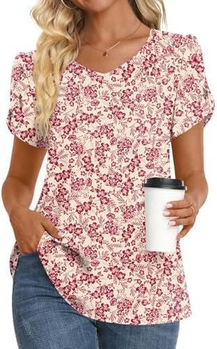 51CcxmsQ-gL._AC_.jpg HOTGIFT Womens Tunic Tops 2025 Summer Short Sleeve V Neck Chiffon T Shirt M-3XL