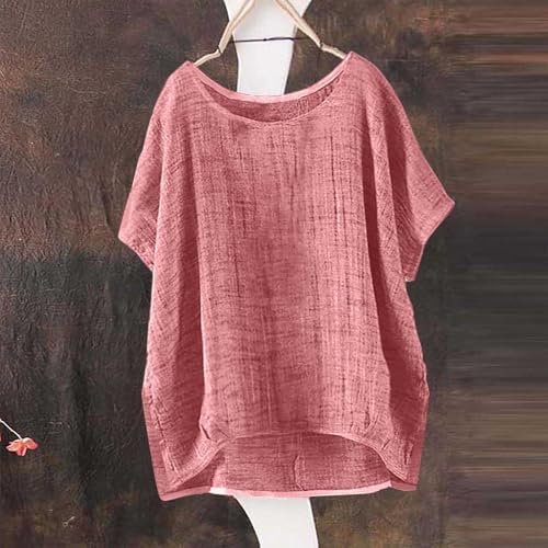 Summer Tops for Women 2025 Short Sleeve Crew Neck Linen Cotton Shirts Plus Size Gauze Casual Dressy Blouse Outfits