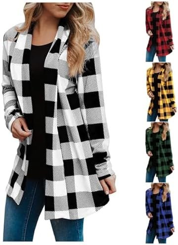 Womens Flannel Cardigan Sweaters Trendy Casual Lightweight Plaid Jacket Loose Long Sleeve Kimono Fashion Fall Outfits