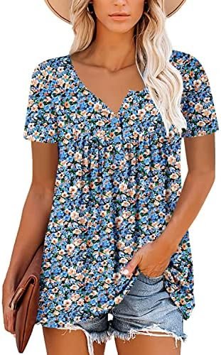 ROSELINLIN Women's Short Sleeve Shirts Floral Summer Tops Loose Fit for Leggings