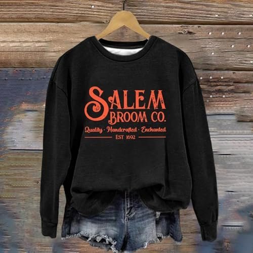 Generic Halloween Sweatshirts for Women 1692 Salem Broom Co Graphic Pullover Crewneck Long Sleeve Shirts 2024 Fall Outfits