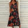 Women's Summer Design Casual Dress Sleeveless V-Neck Dress with Pockets Loose Flowy Swing Pleated Long Beach Dress