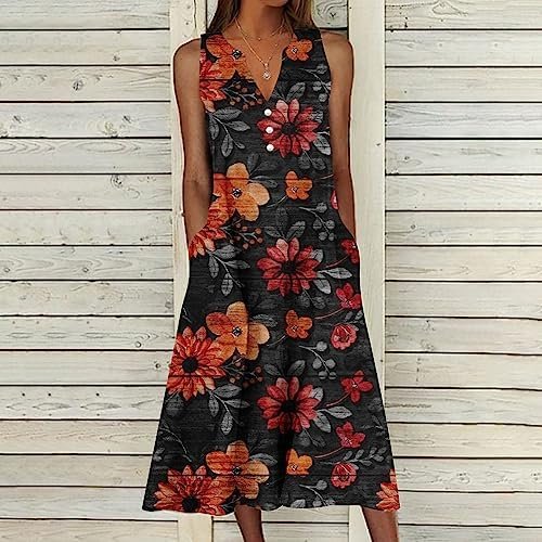 Women's Summer Design Casual Dress Sleeveless V-Neck Dress with Pockets Loose Flowy Swing Pleated Long Beach Dress