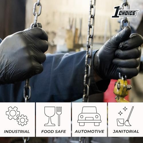 1st Choice Black Nitrile Gloves, Disposable, Latex-Free, 6 Mil, Textured, Industrial, for Mechanics, Cleaning, Automotive Use