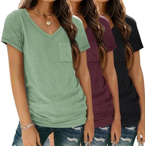 SUNBS 3 Pack Womens V Neck T Shirts Short Sleeve Tees Lightweight Summer Tops with Pocket