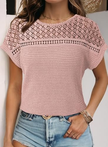 51IL1SO8HiL._AC_.jpg Dokotoo Women's Tops Casual Scoop Neck Short Sleeve Waffle Knit Hollow Out Shirts Loose Tunic Tops Blouses